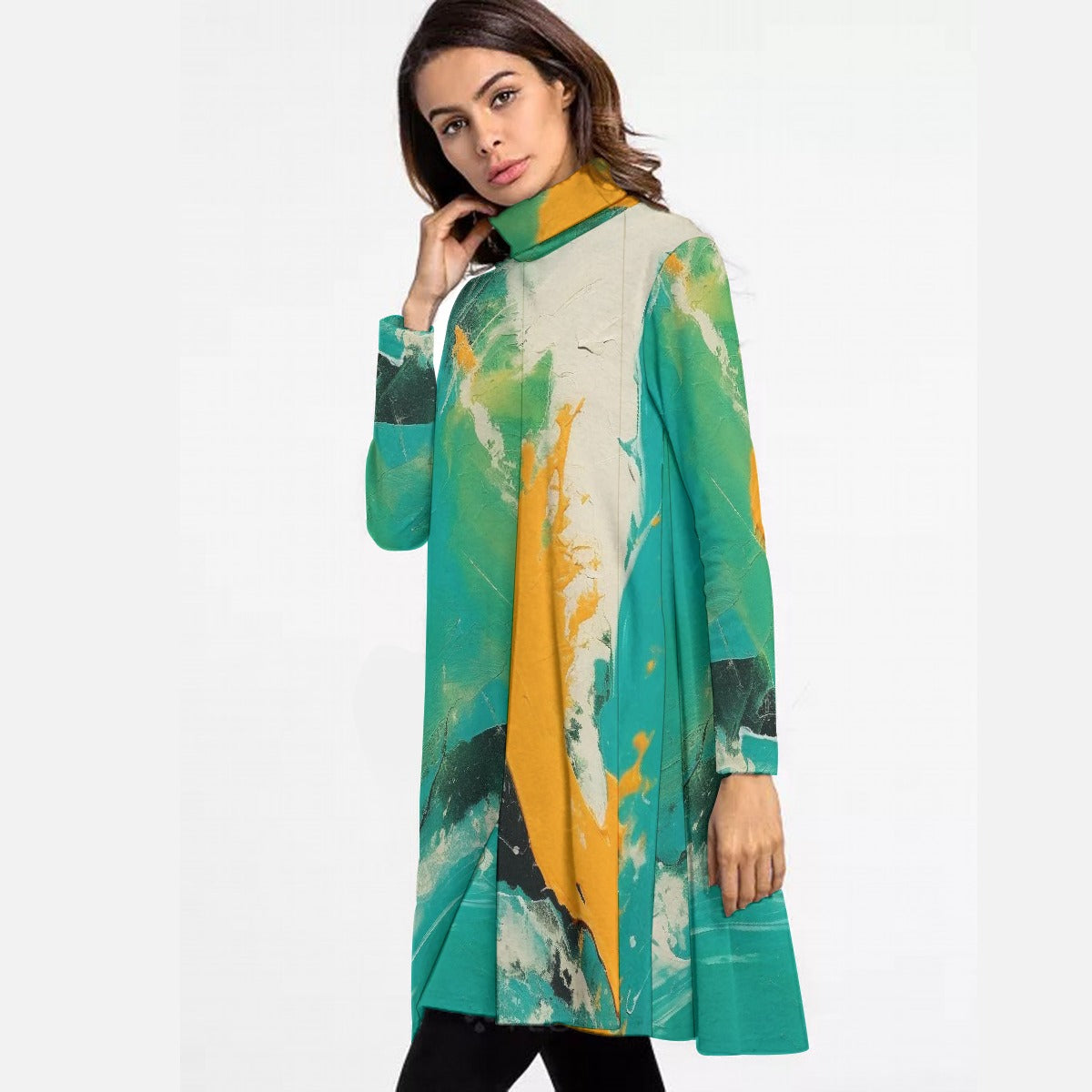 All-Over Print Women's High Neck Dress With Long Sleeve