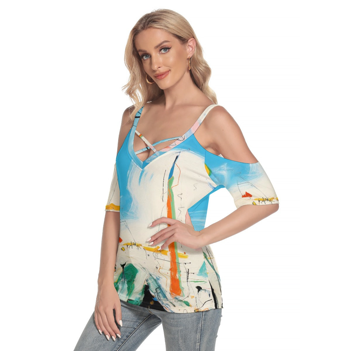 All-Over Print Women's Cold Shoulder T-shirt With Criss Cross Strips