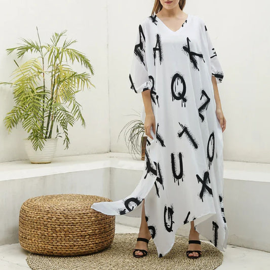 All-Over Print Women's Imitation Silk V-neck Kaftan Robe