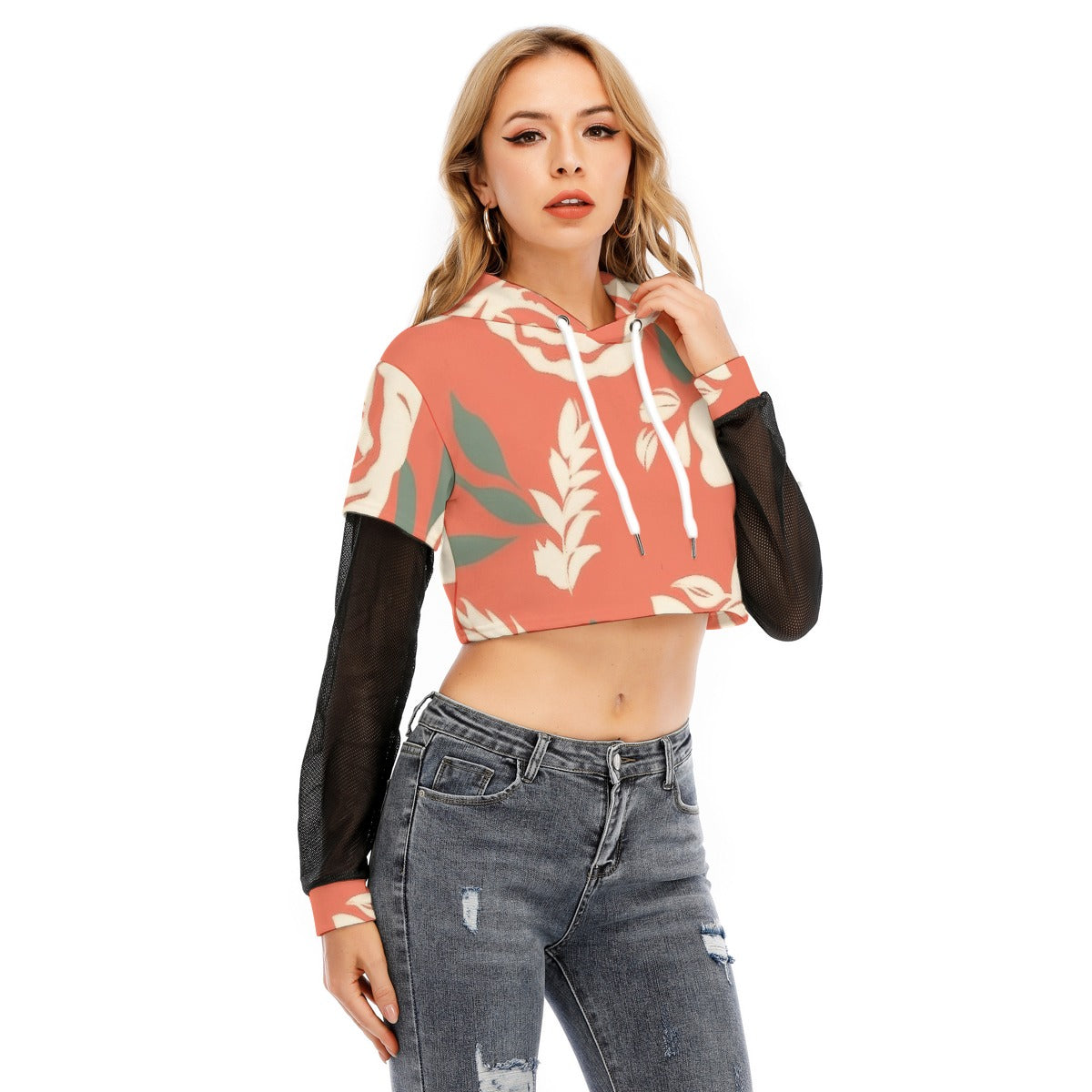 All-Over Print Women's Fake Two-piece Mesh Sleeve Cropped Hoodie