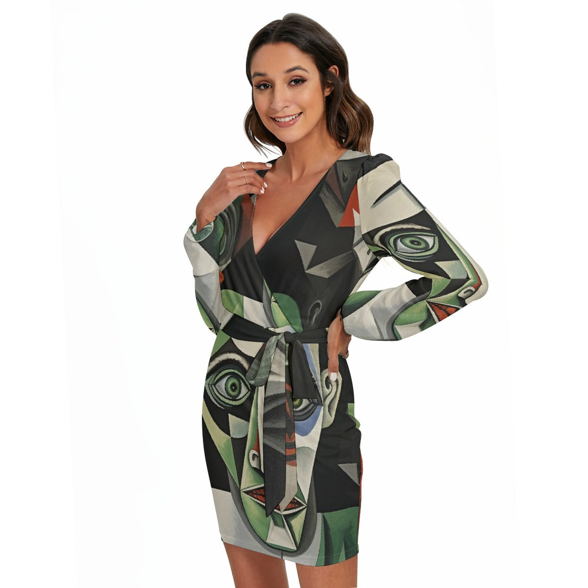 All-Over Print Women's Long Sleeve Dress With Waist Belt