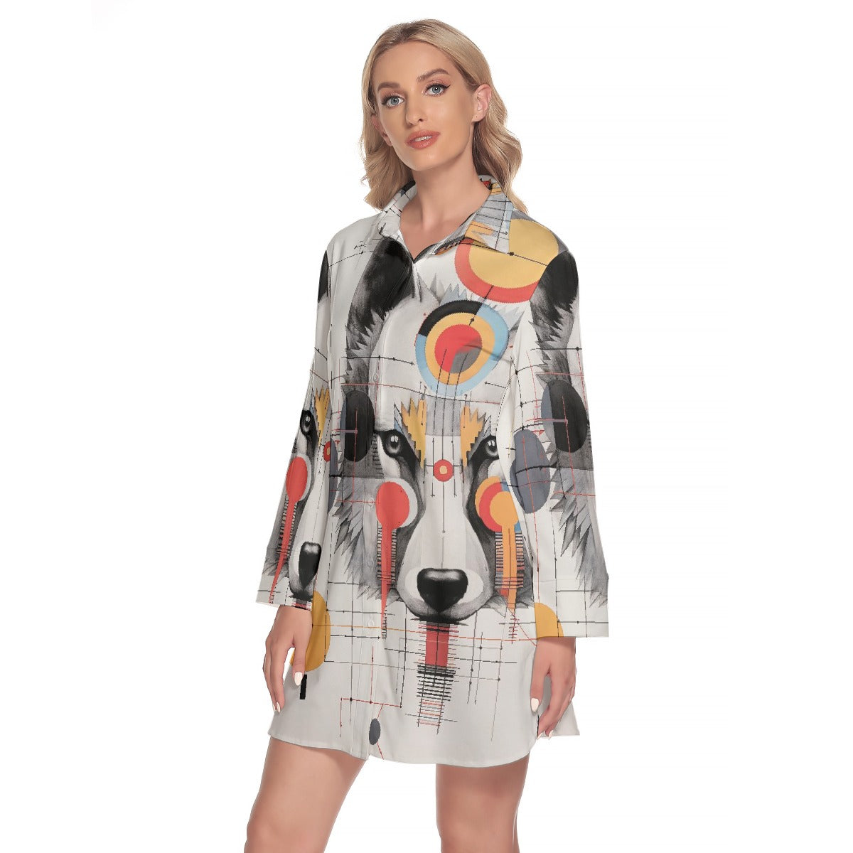 All-Over Print Women's Lapel Shirt Dress With Long Sleeve