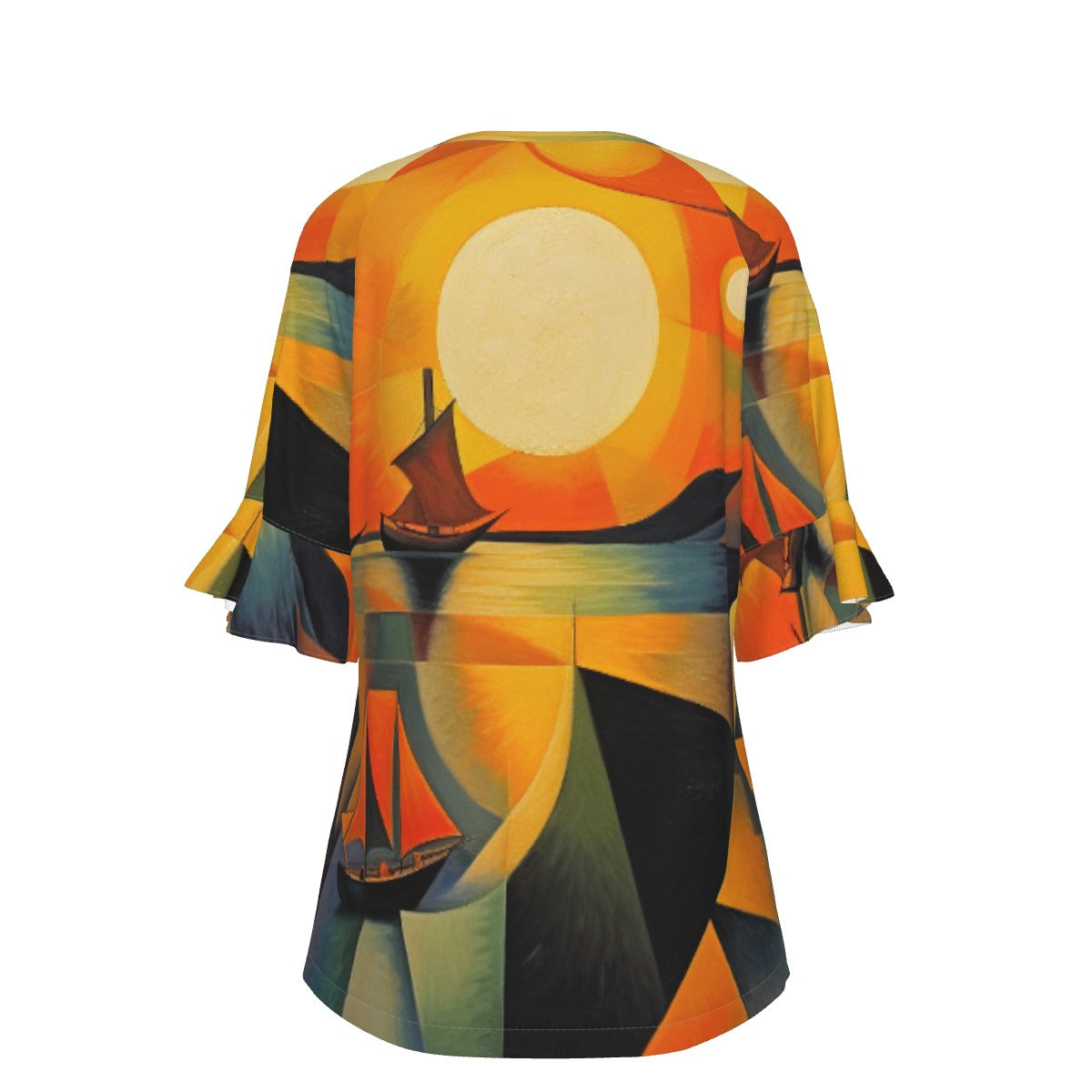 All-Over Print V-neck Women's T-shirt With Bell Sleeve