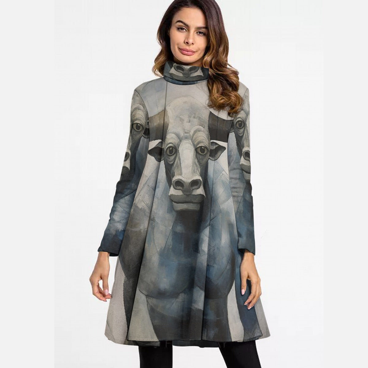 All-Over Print Women's High Neck Dress With Long Sleeve