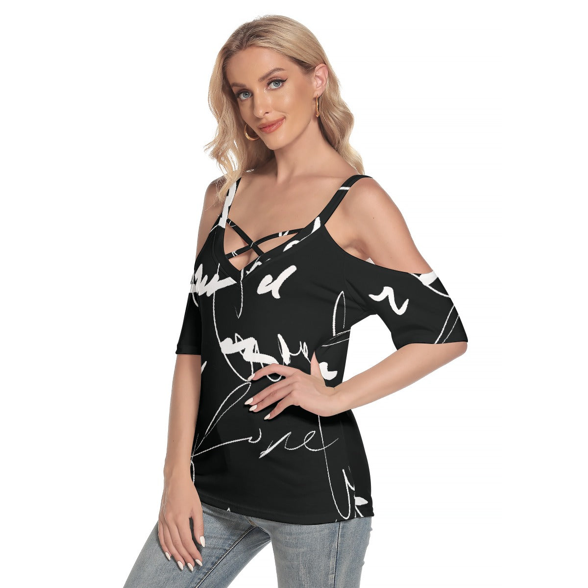 All-Over Print Women's Cold Shoulder T-shirt With Criss Cross Strips