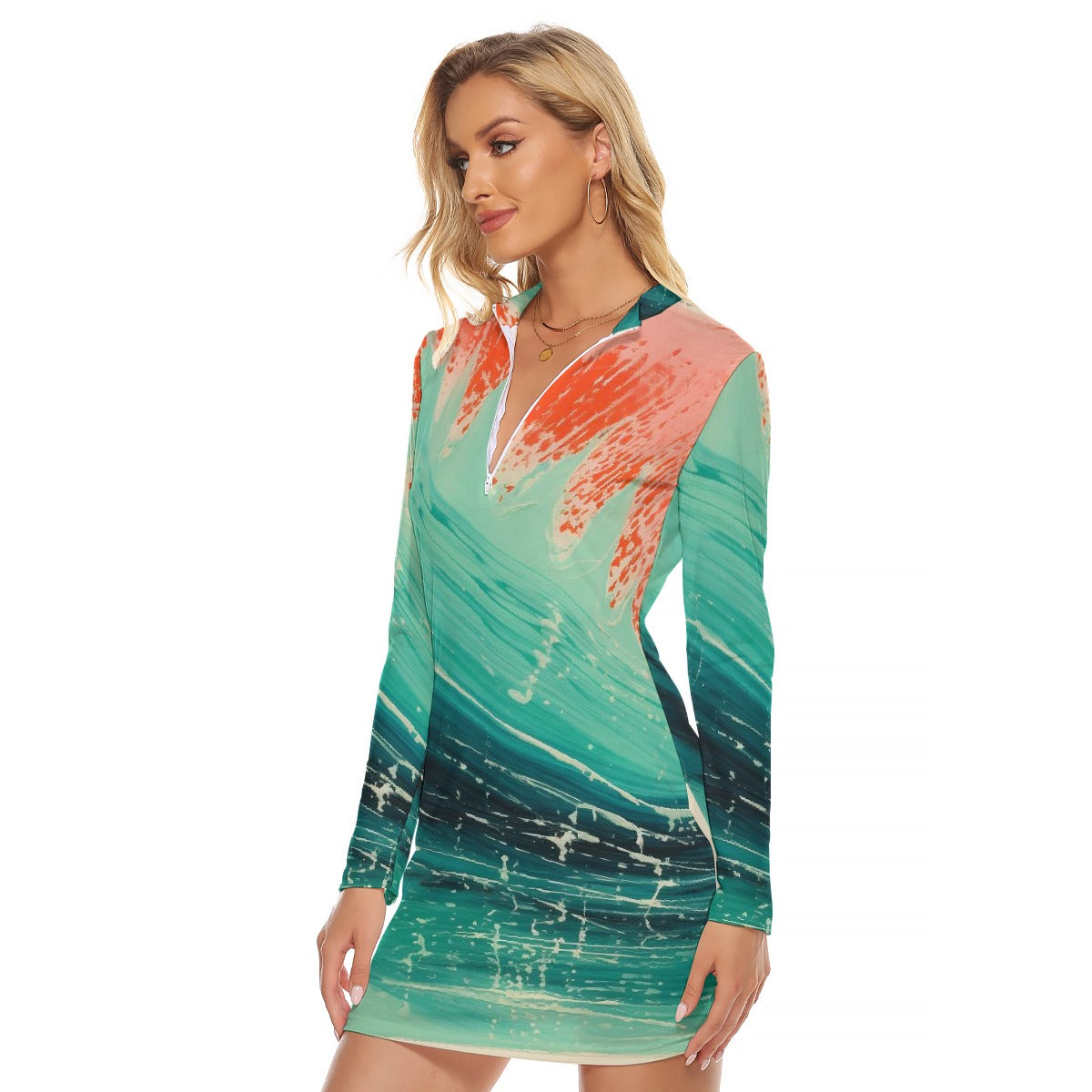 All-Over Print Women's Zip Front Tight Dress