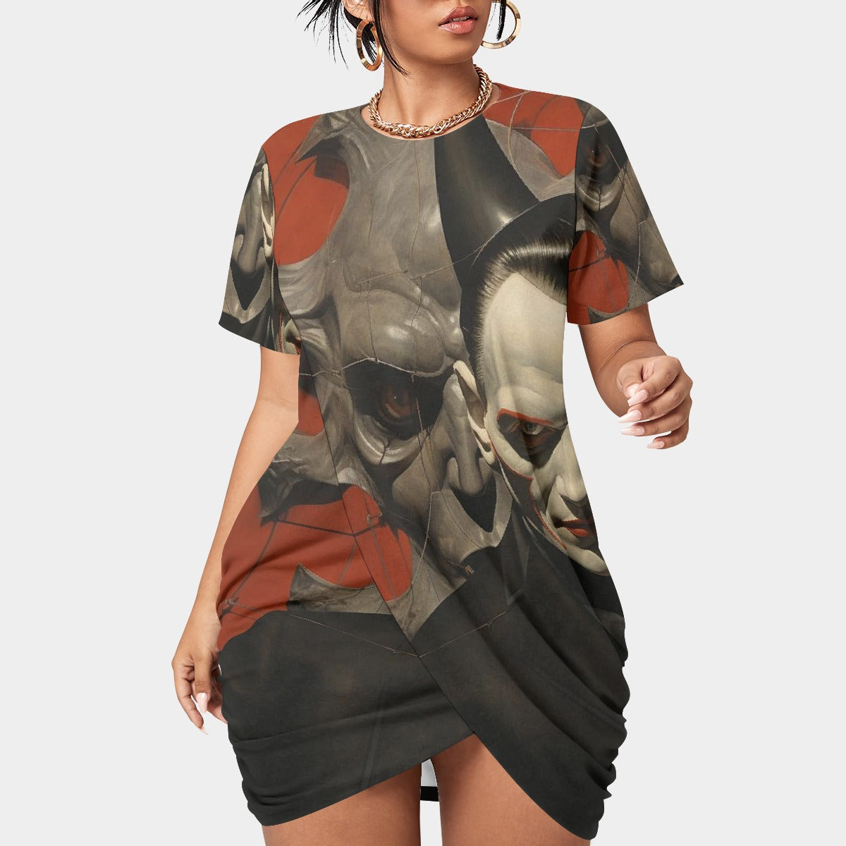 All-Over Print Women’s Stacked Hem Dress With Short Sleeve（Plus Size）