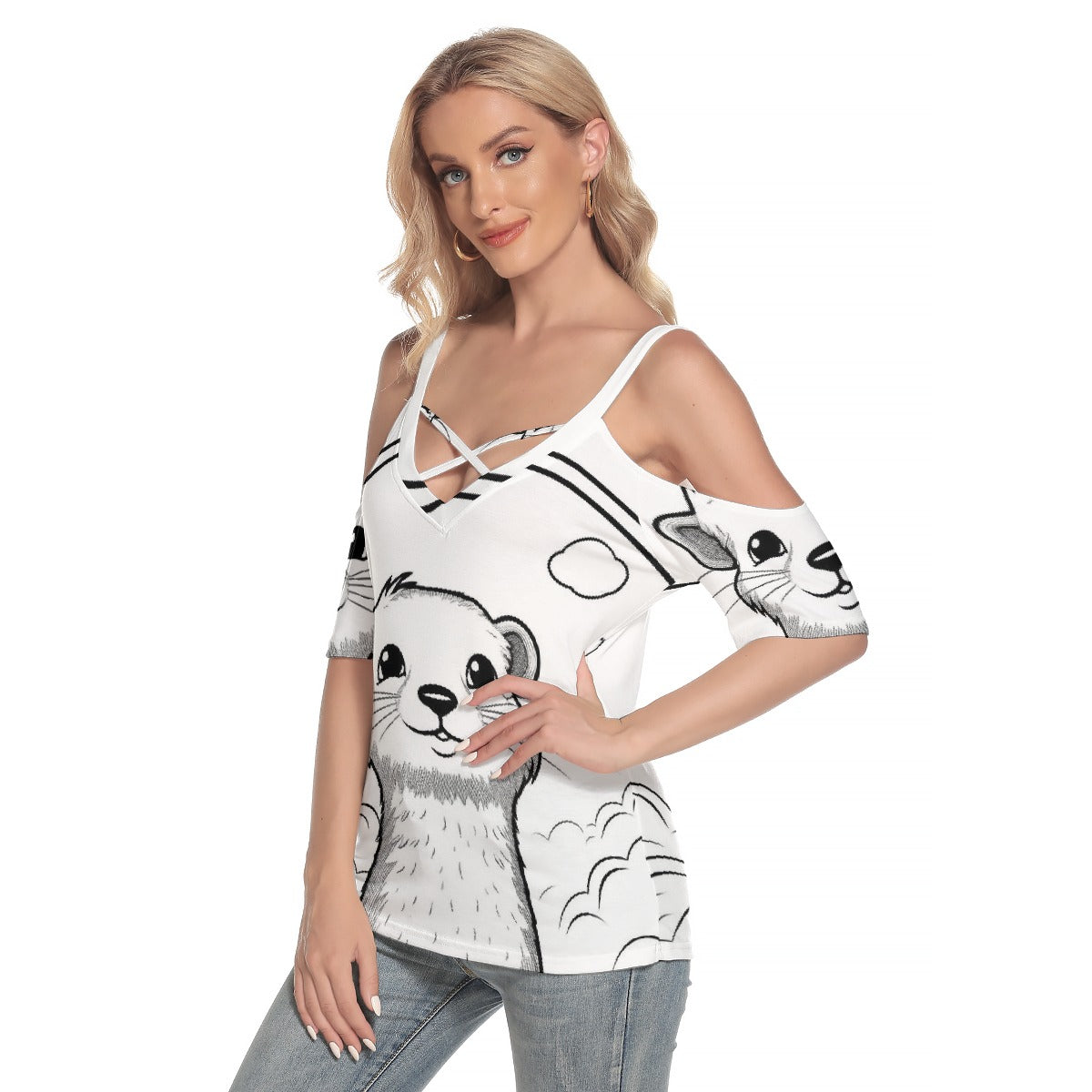 All-Over Print Women's Cold Shoulder T-shirt With Criss Cross Strips