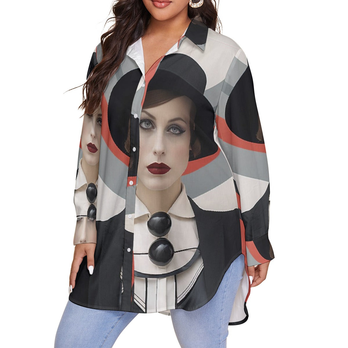 All-Over Print Women's Shirt With Long Sleeve(Plus Size)