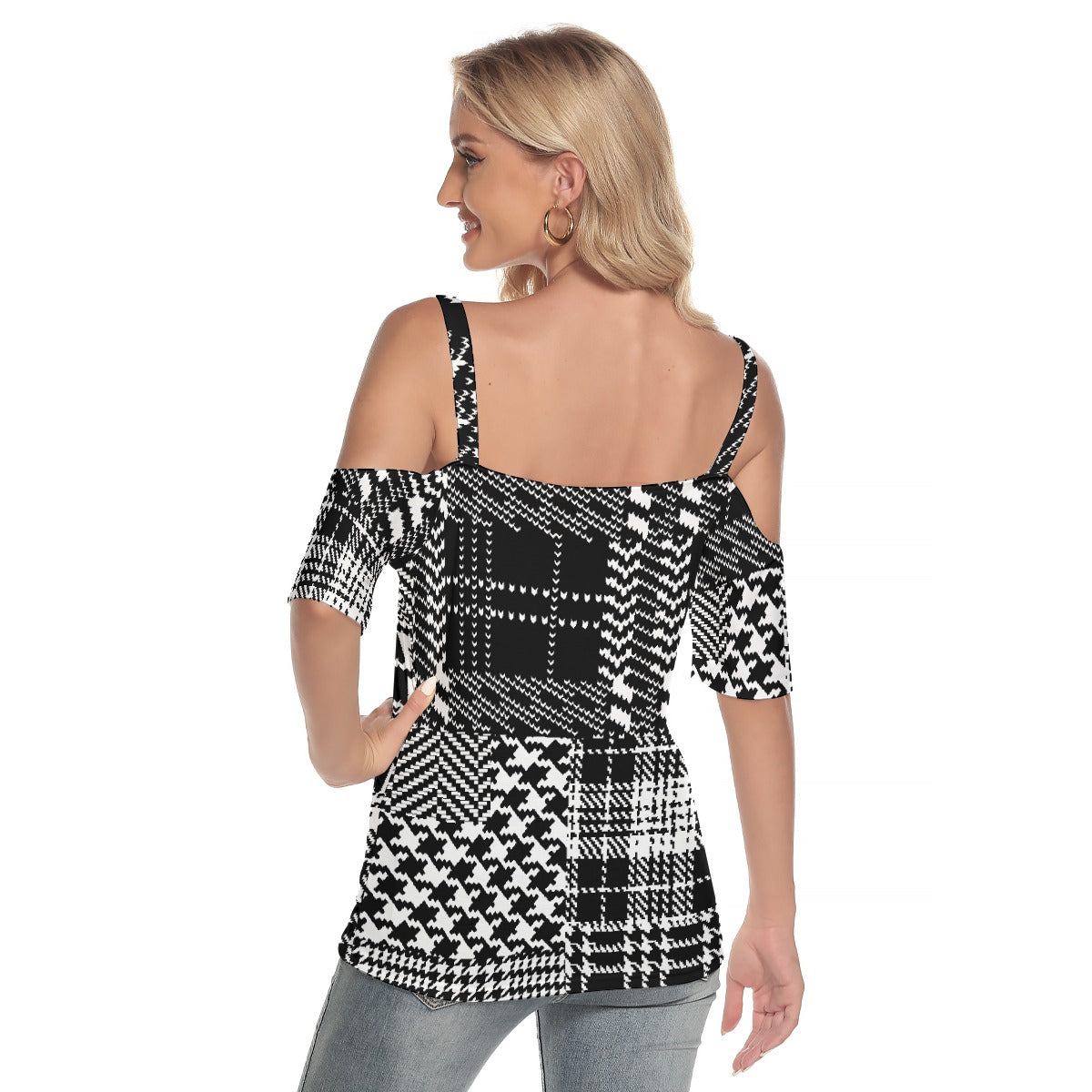 All-Over Print Women's Cold Shoulder T-shirt With Criss Cross Strips