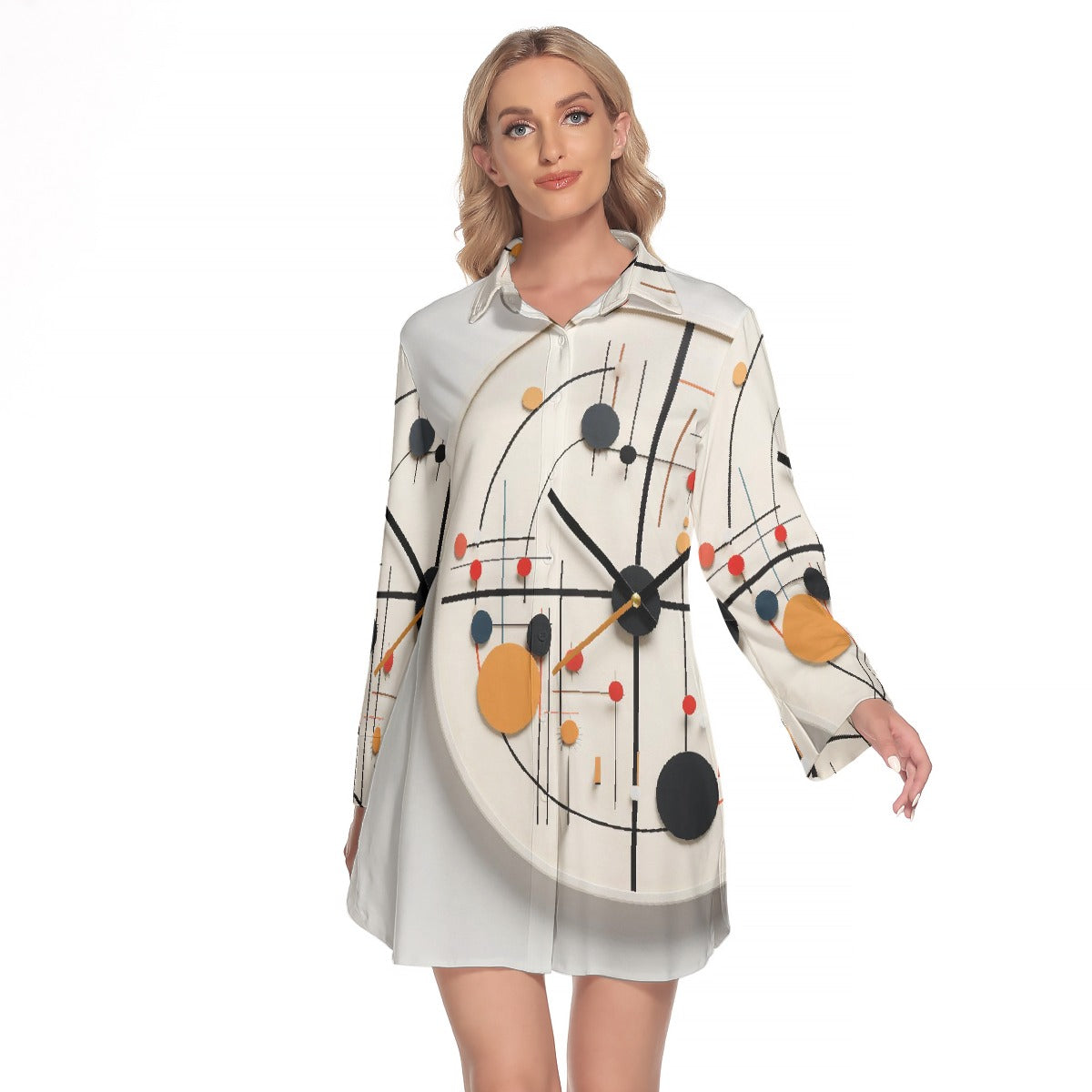 All-Over Print Women's Lapel Shirt Dress With Long Sleeve