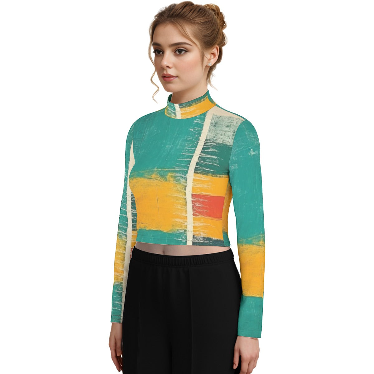 Eco-Friendly All-Over Print Women's Turtleneck T-shirt With Long Sleeve