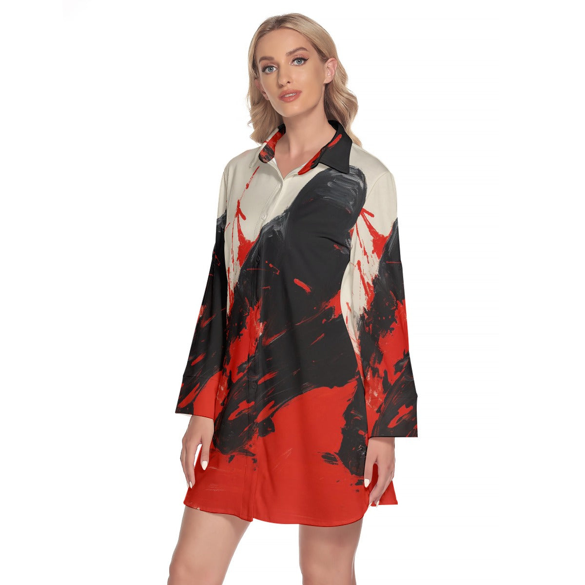 All-Over Print Women's Lapel Shirt Dress With Long Sleeve