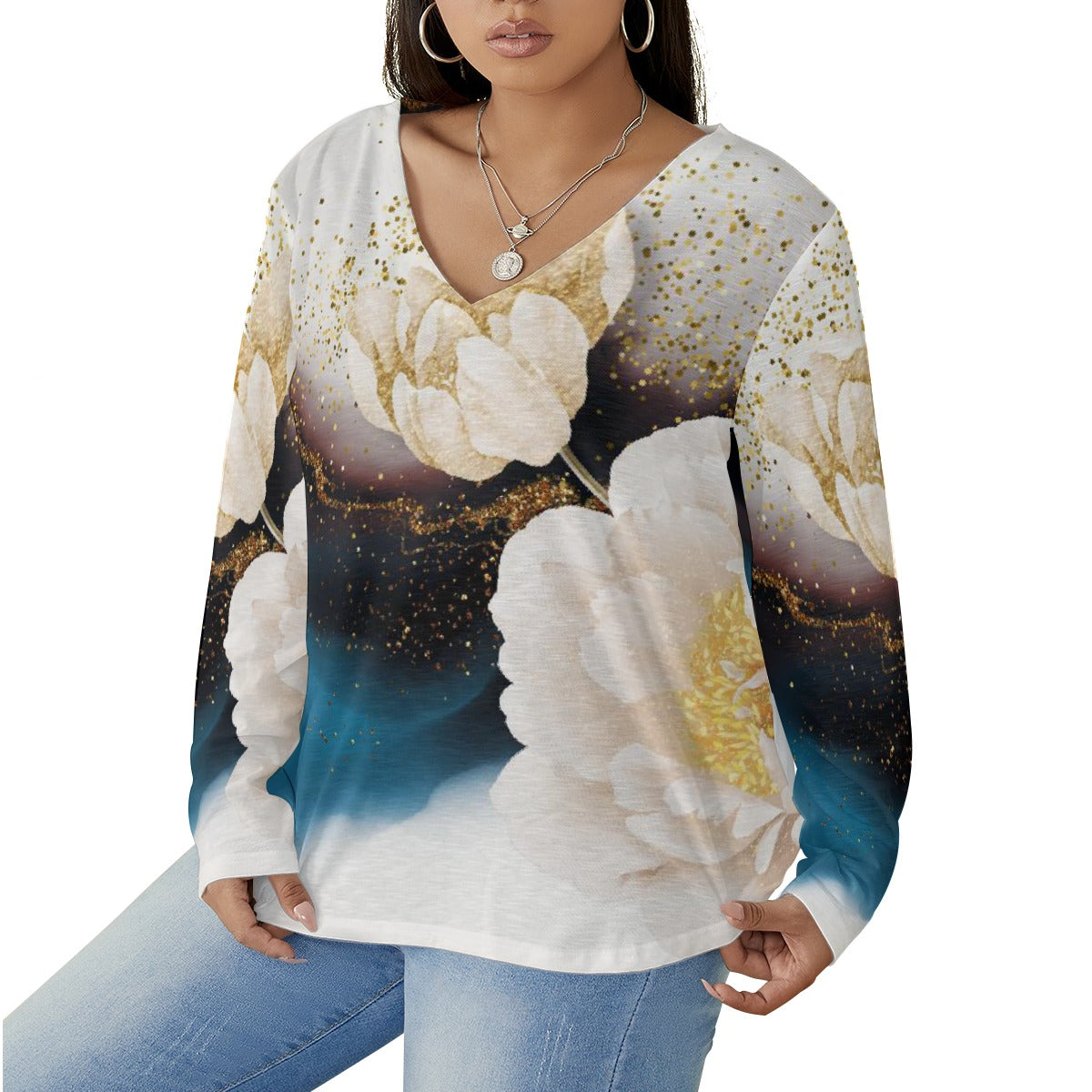 All-Over Print Women's V-neck T-shirt With Curved Hem(Plus Size)