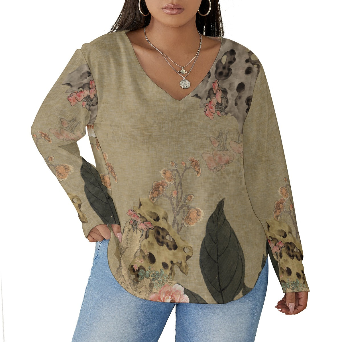 All-Over Print Women's V-neck T-shirt With Curved Hem(Plus Size)