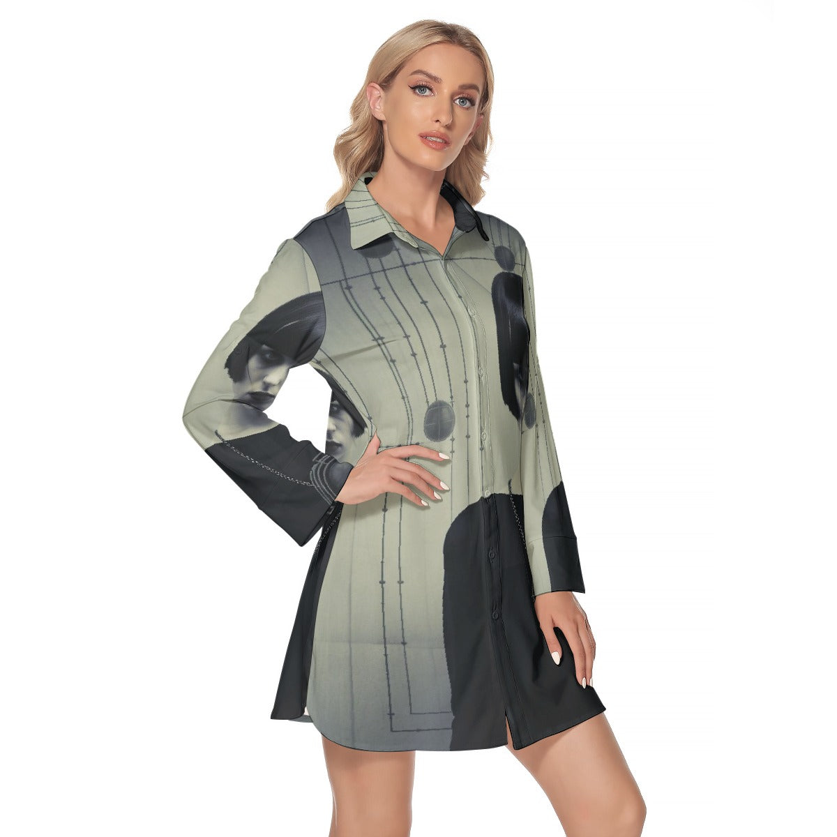 All-Over Print Women's Lapel Shirt Dress With Long Sleeve