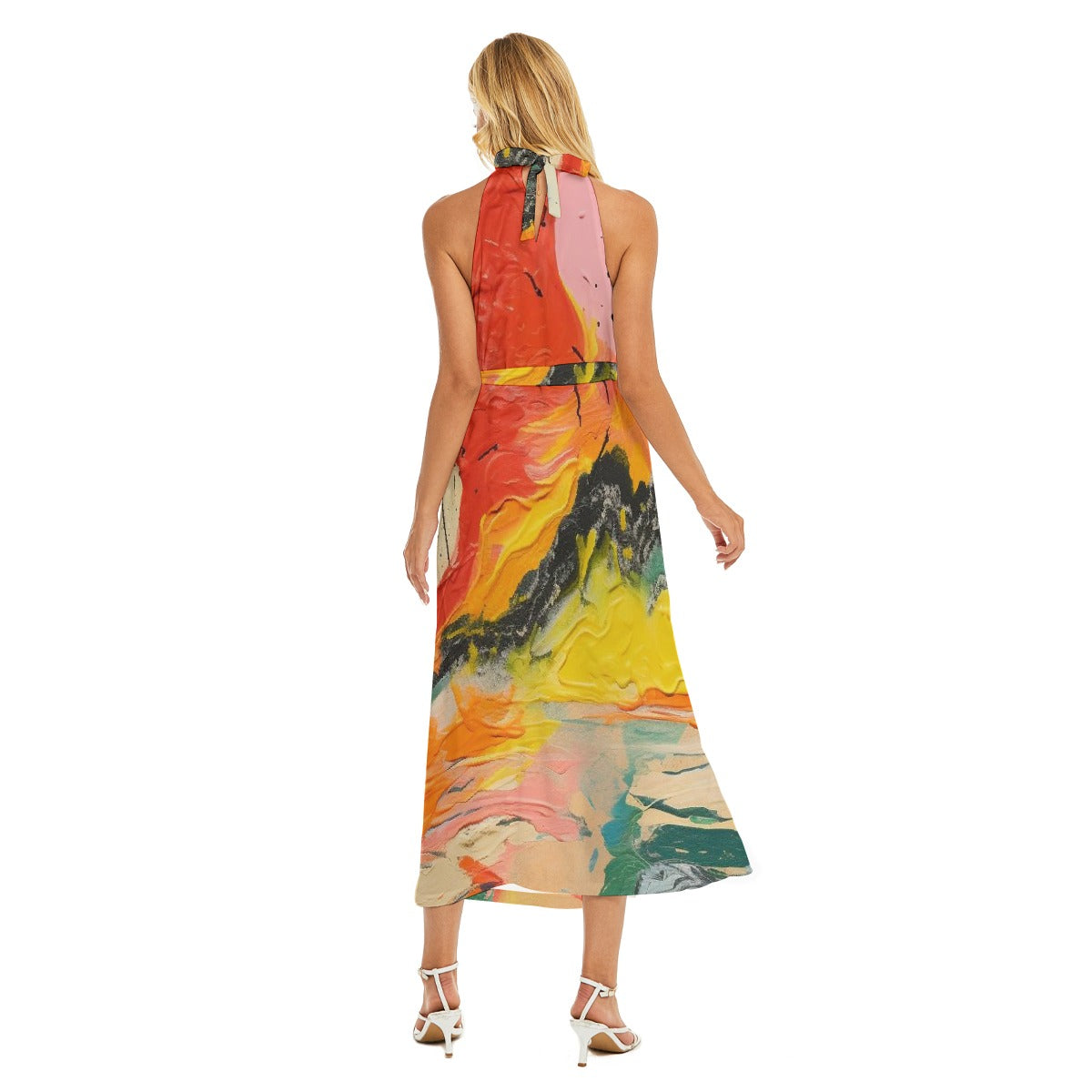 All-Over Print Women's Wrap Hem Belted Halter Dress