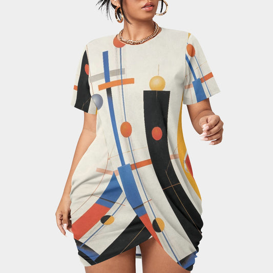 All-Over Print Women’s Stacked Hem Dress With Short Sleeve（Plus Size）