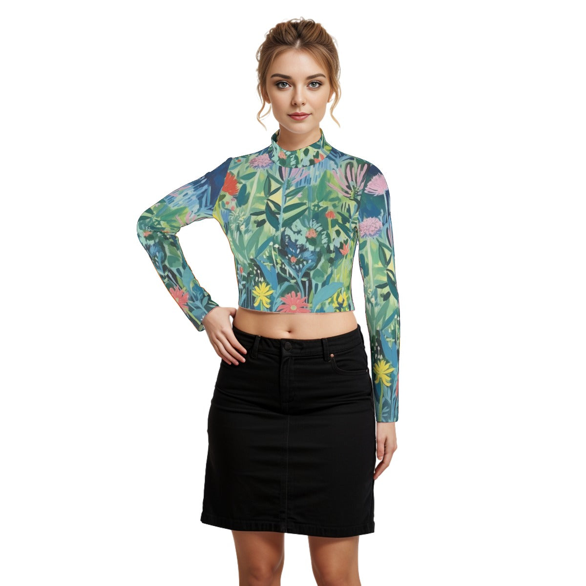 Eco-Friendly All-Over Print Women's Turtleneck T-shirt With Long Sleeve