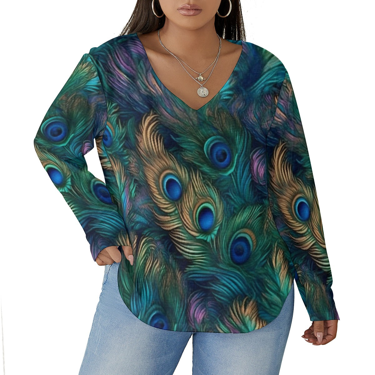 All-Over Print Women's V-neck T-shirt With Curved Hem(Plus Size)