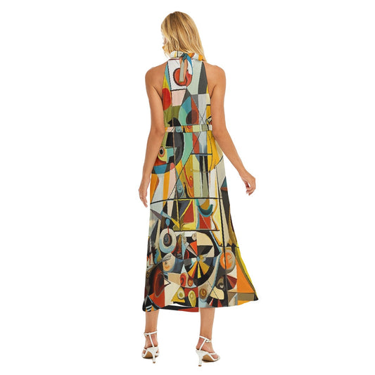 All-Over Print Women's Wrap Hem Belted Halter Dress