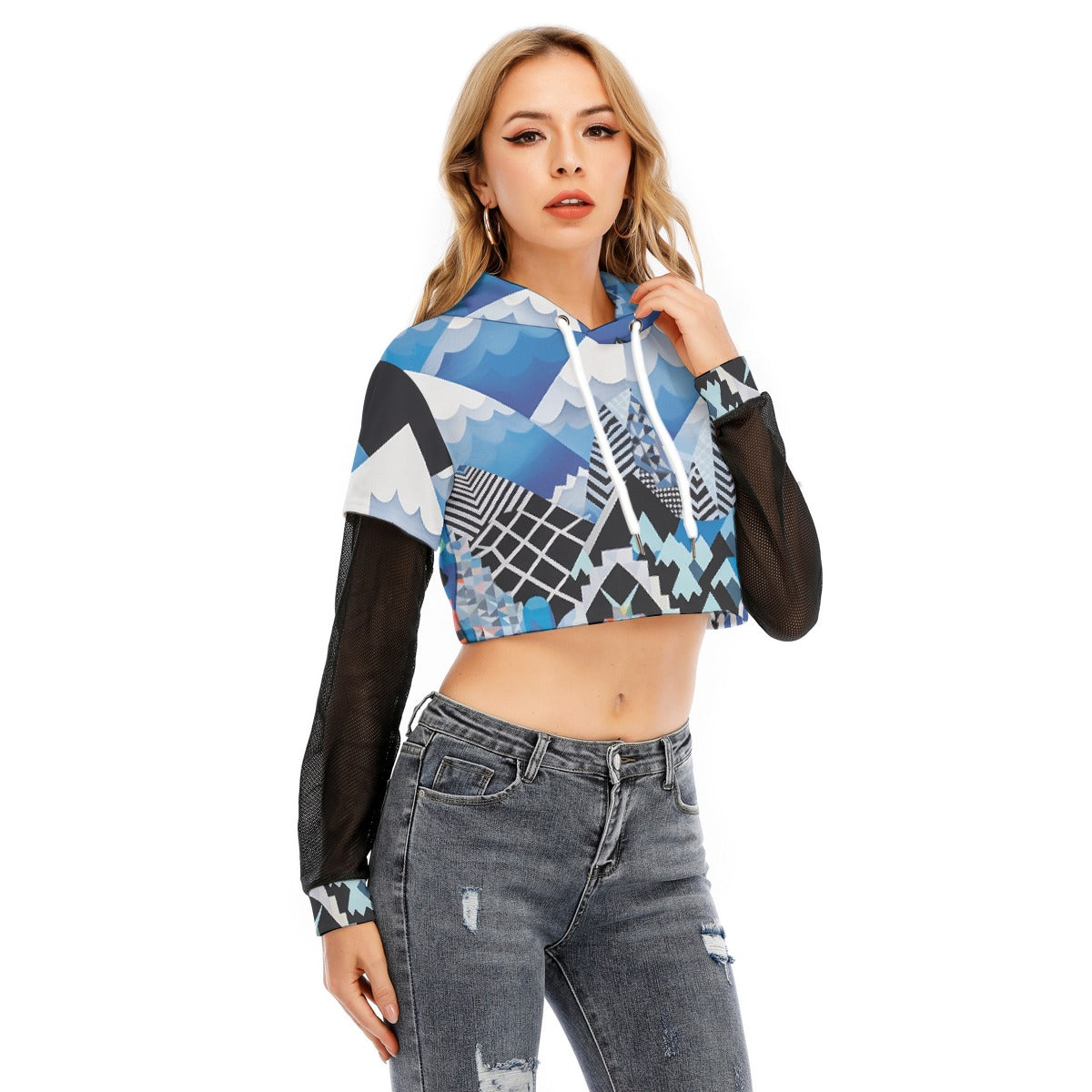 All-Over Print Women's Fake Two-piece Mesh Sleeve Cropped Hoodie