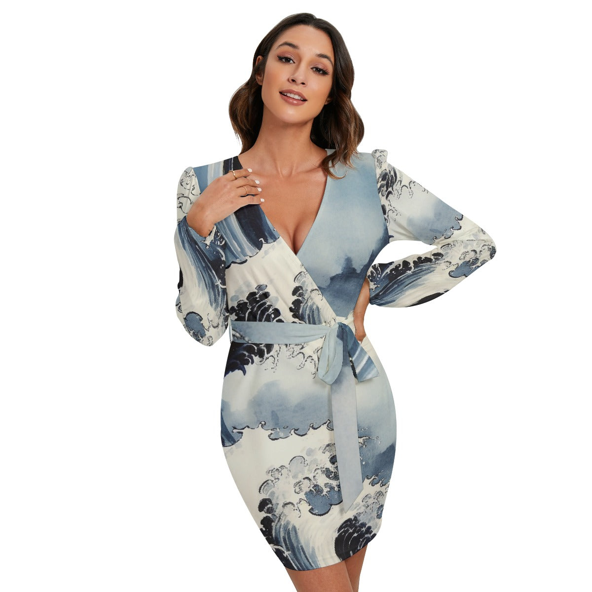 All-Over Print Women's Long Sleeve Dress With Waist Belt