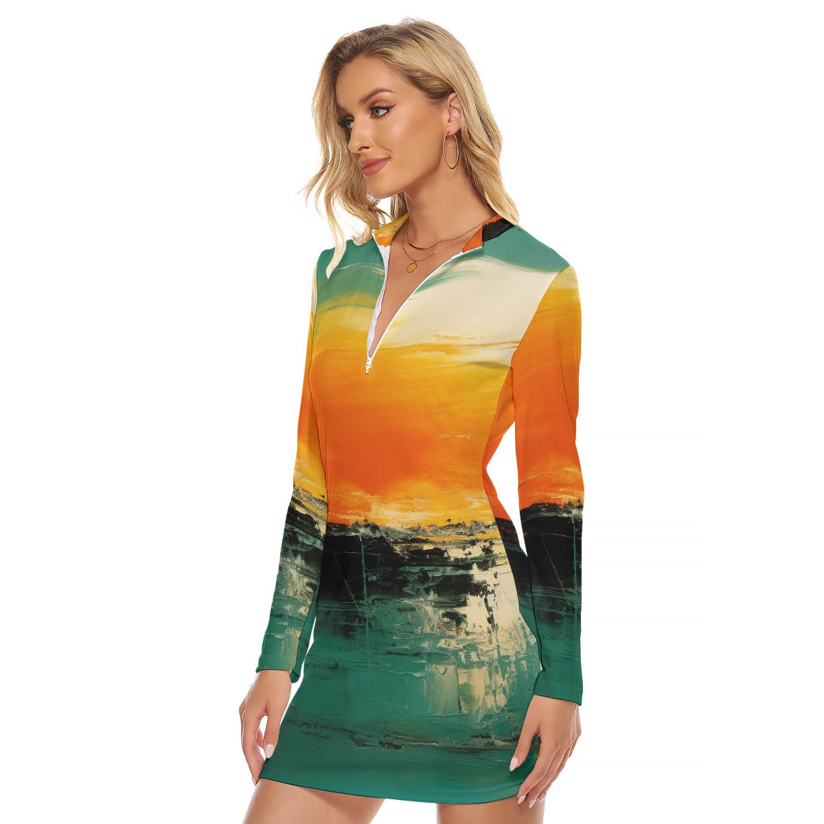 All-Over Print Women's Zip Front Tight Dress