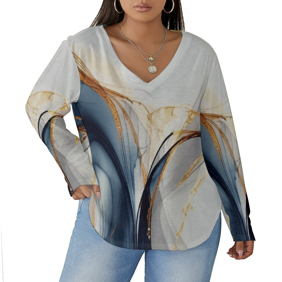 All-Over Print Women's V-neck T-shirt With Curved Hem(Plus Size)