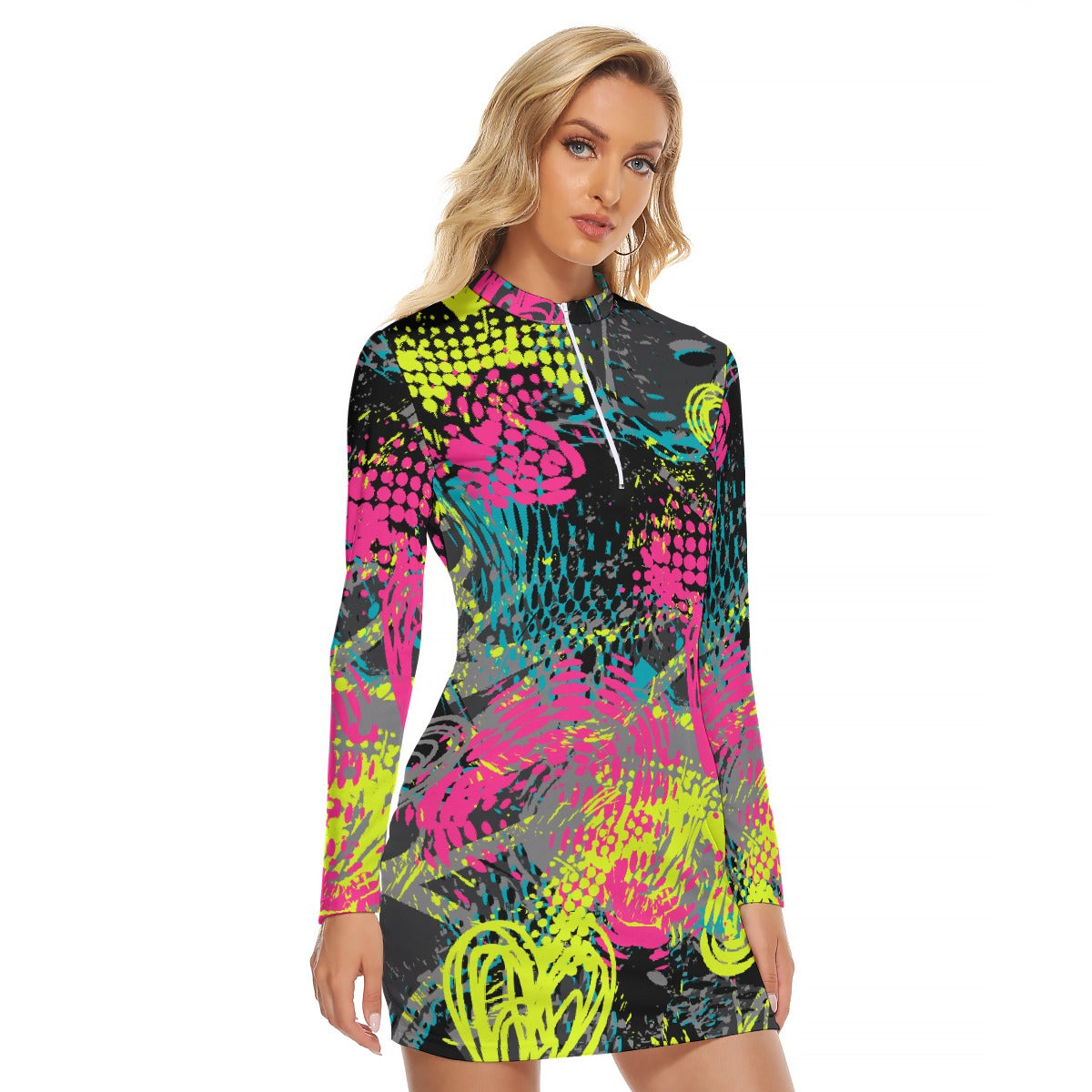 All-Over Print Women's Zip Front Tight Dress