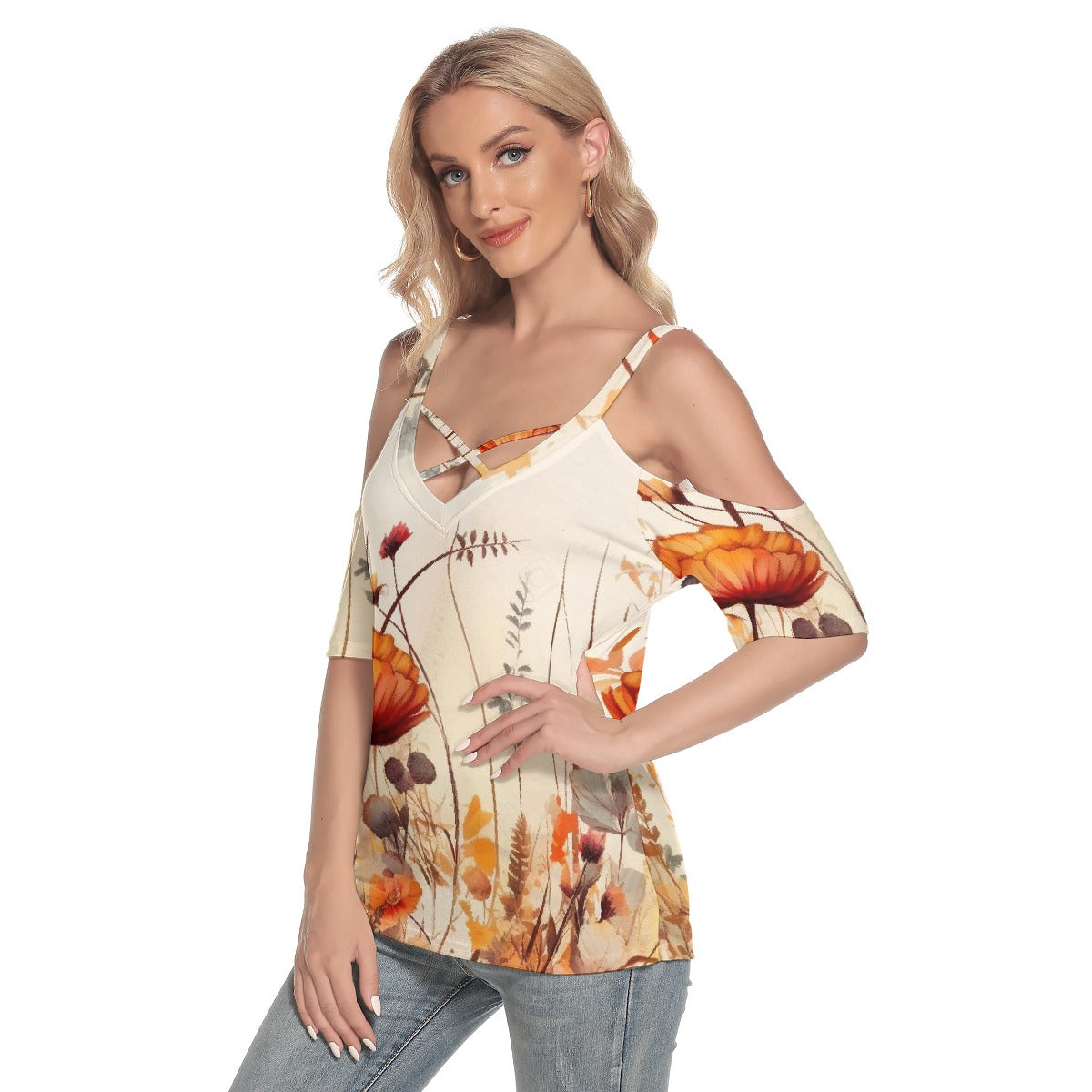 All-Over Print Women's Cold Shoulder T-shirt With Criss Cross Strips