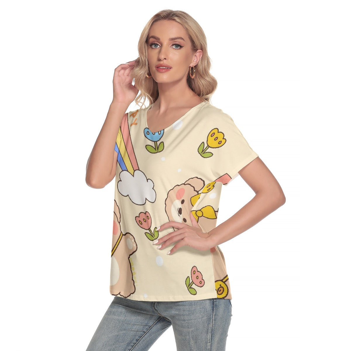 All-Over Print Women's Loose V-neck Short Sleeve T-shirt