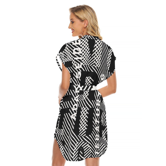 All-Over Print Women's Stand-up Collar Casual Dress With Belt