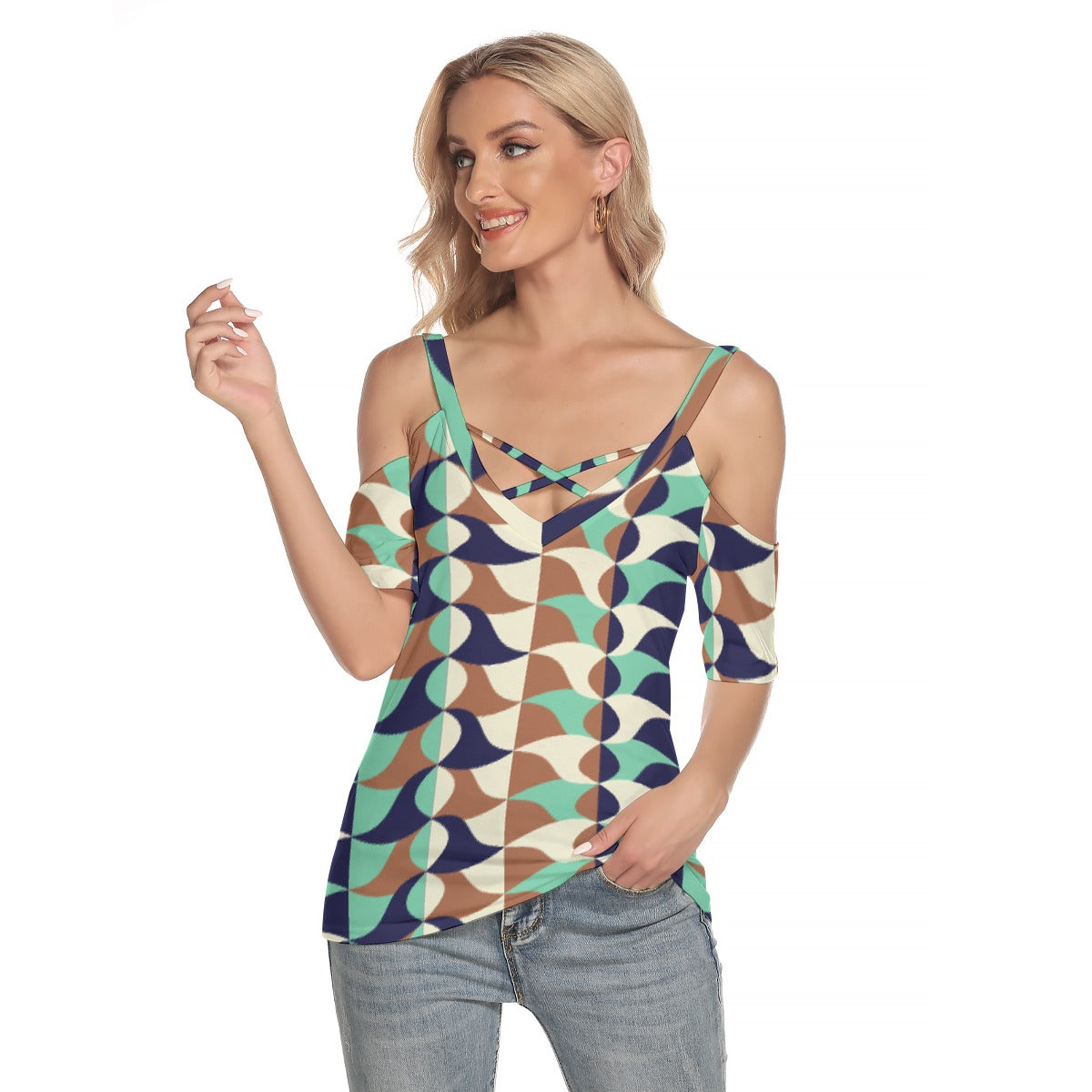 All-Over Print Women's Cold Shoulder T-shirt With Criss Cross Strips