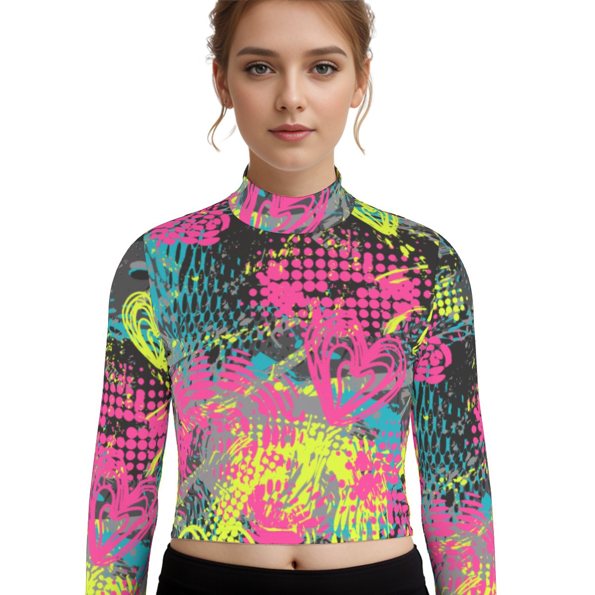 Eco-Friendly All-Over Print Women's Turtleneck T-shirt With Long Sleeve