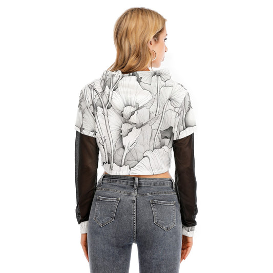 All-Over Print Women's Fake Two-piece Mesh Sleeve Cropped Hoodie