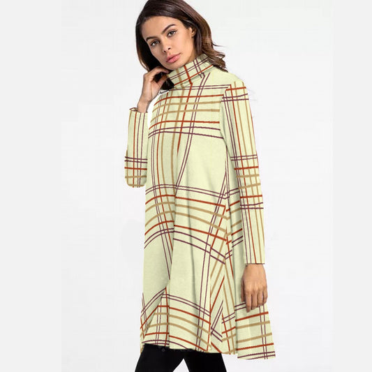 All-Over Print Women's High Neck Dress With Long Sleeve