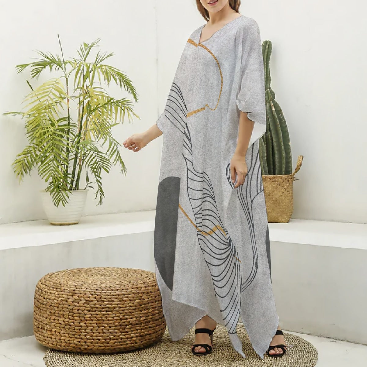 All-Over Print Women's Imitation Silk V-neck Kaftan Robe