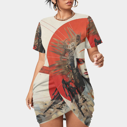 All-Over Print Women’s Stacked Hem Dress With Short Sleeve（Plus Size）