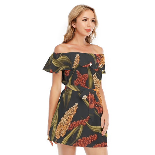 All-Over Print Women's Off-shoulder Dress With Ruffle