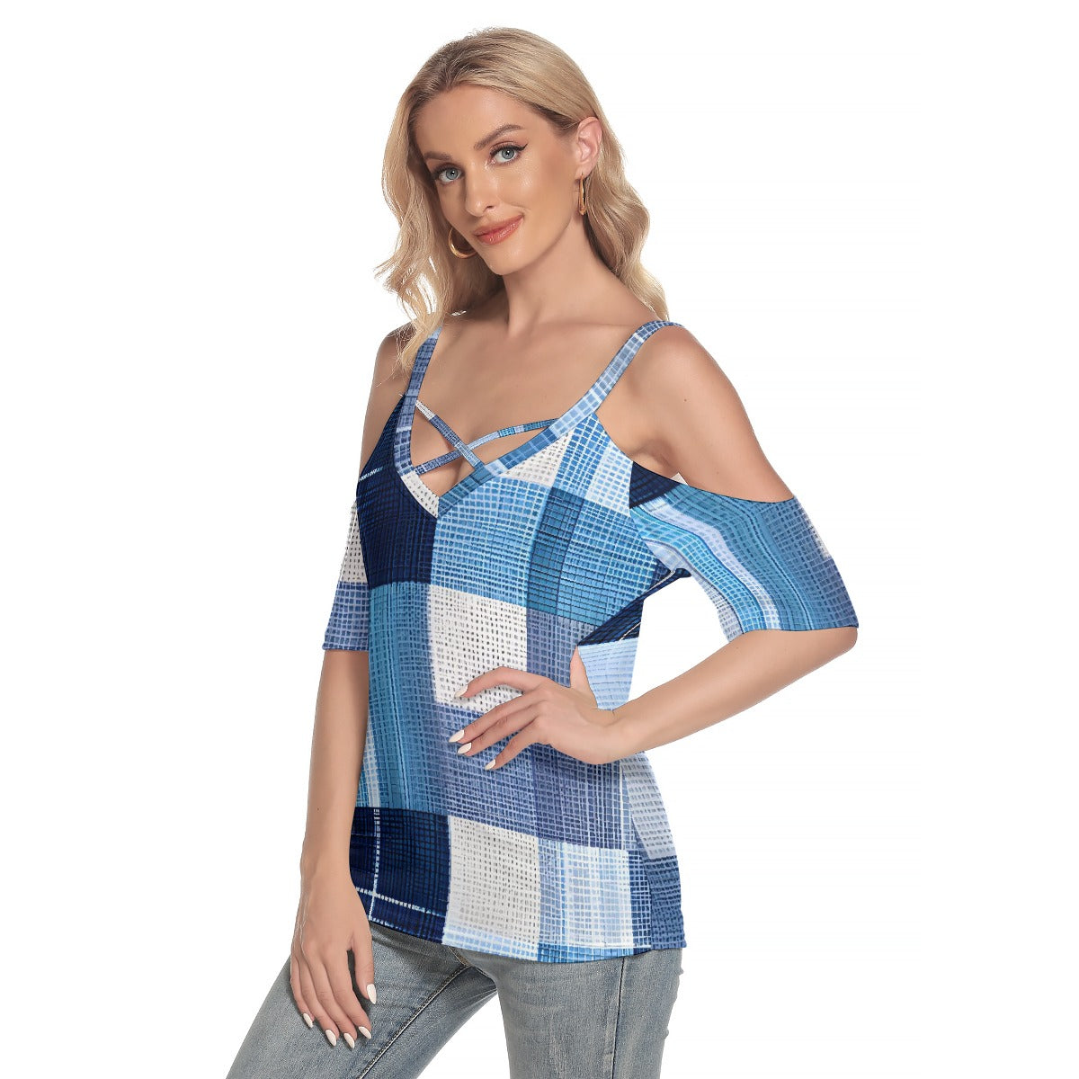 All-Over Print Women's Cold Shoulder T-shirt With Criss Cross Strips