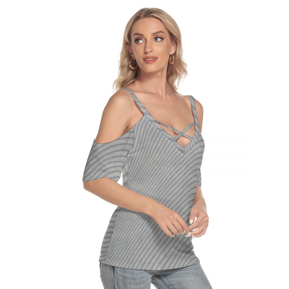 All-Over Print Women's Cold Shoulder T-shirt With Criss Cross Strips