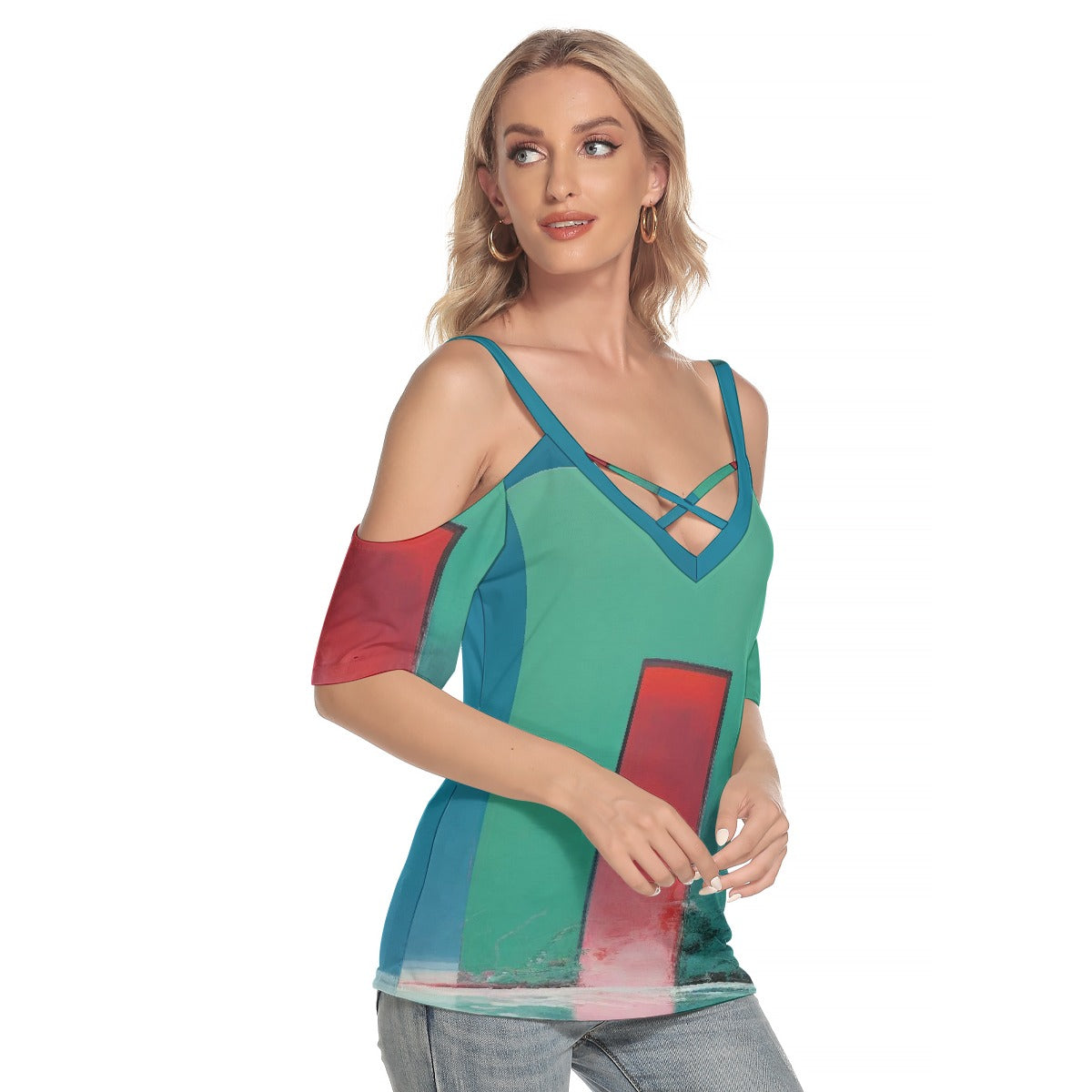 All-Over Print Women's Cold Shoulder T-shirt With Criss Cross Strips