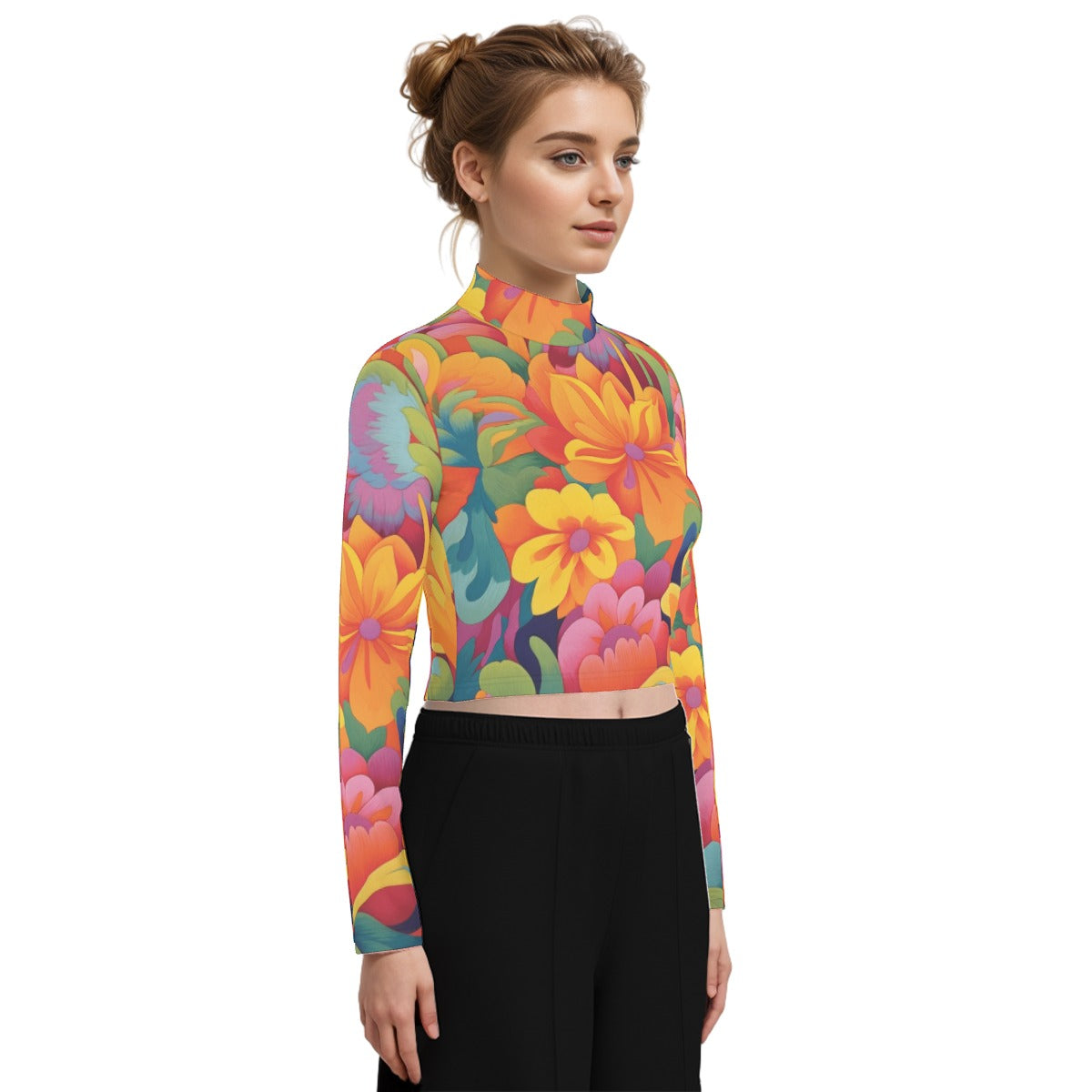 Eco-Friendly All-Over Print Women's Turtleneck T-shirt With Long Sleeve