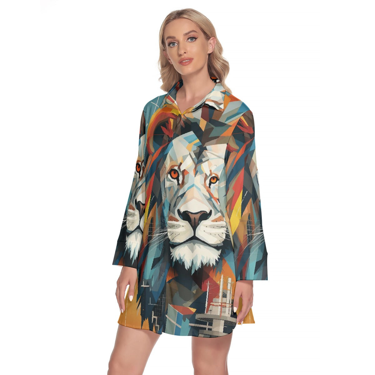 All-Over Print Women's Lapel Shirt Dress With Long Sleeve