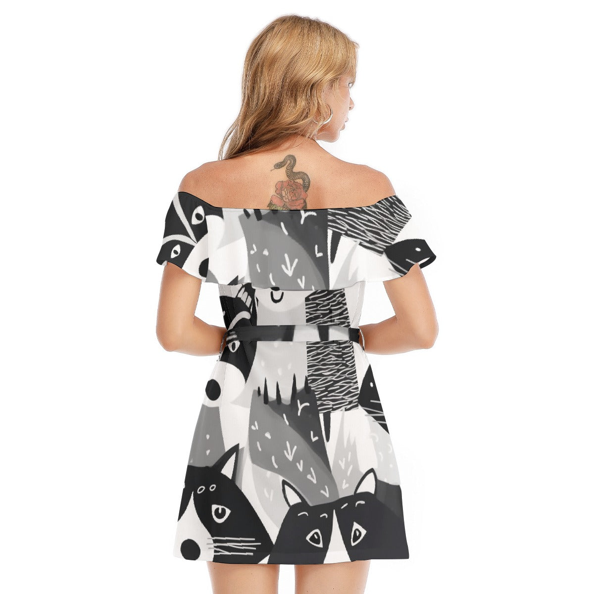 All-Over Print Women's Off-shoulder Dress With Ruffle