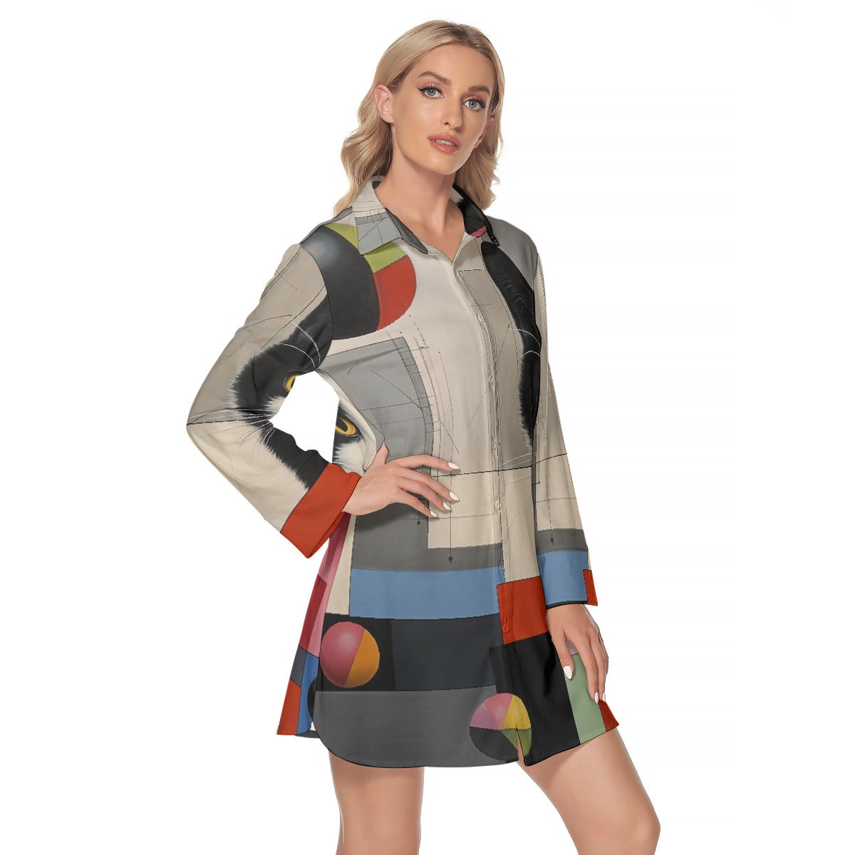 All-Over Print Women's Lapel Shirt Dress With Long Sleeve