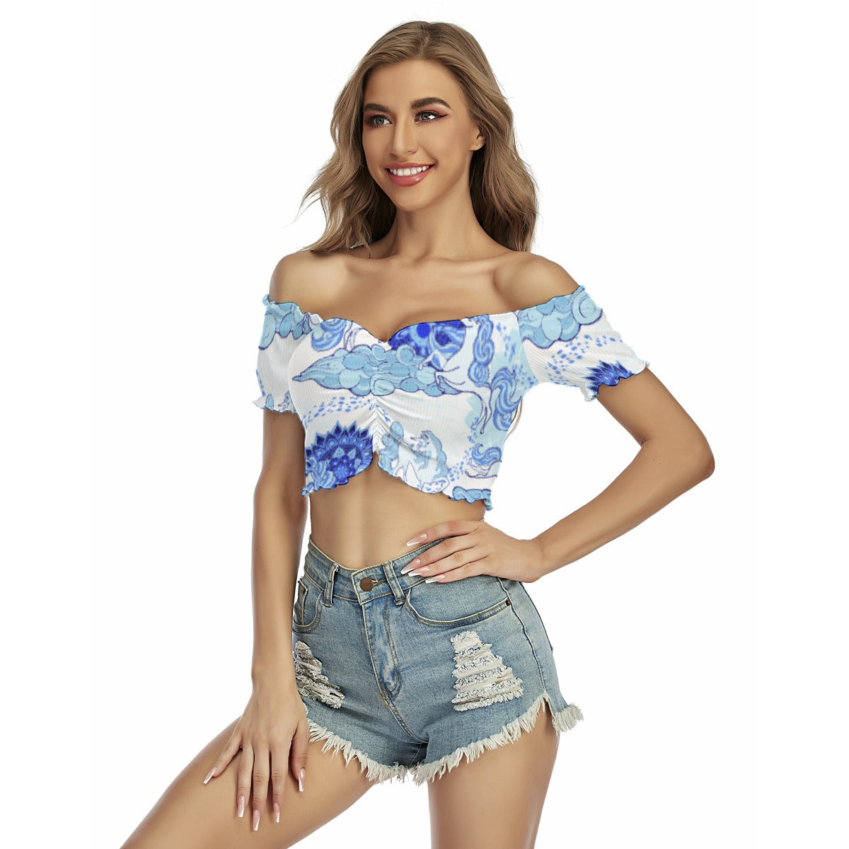 All-Over Print Women's One-shoulder Off-the-navel Short Sleeve T-shirt