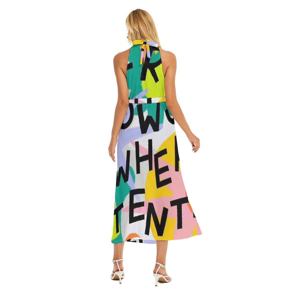 All-Over Print Women's Wrap Hem Belted Halter Dress