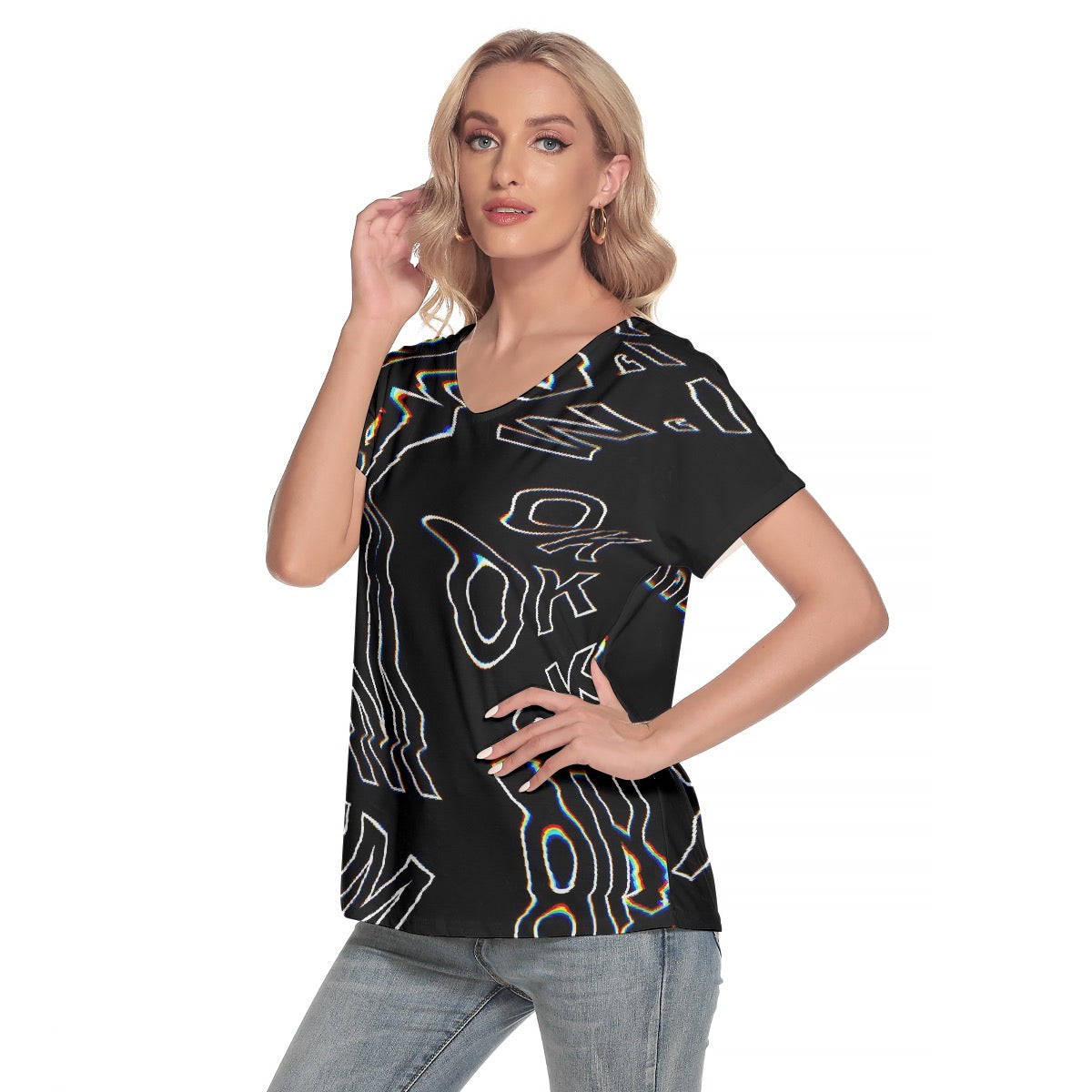 All-Over Print Women's Loose V-neck Short Sleeve T-shirt